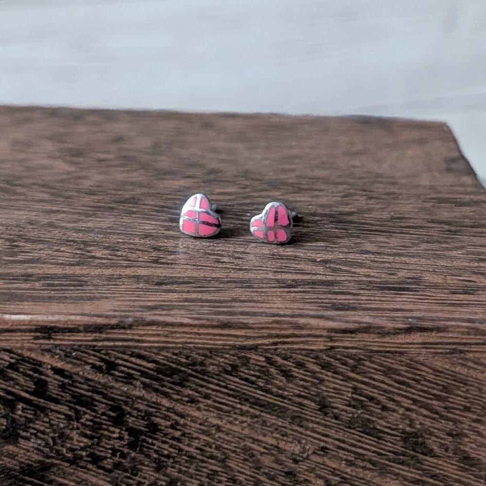 Very Small & Dainty Pink & Silver Tone Heart Stud Earrings